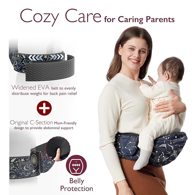 Momcozy Hip Seat Baby Carrier - Adjustable Waistband with Original 3D Belly Protector, Ergonomic Carrier with Various Pockets for Newborns & Toddlers up to 45lbs (Starry Sky, Large)
