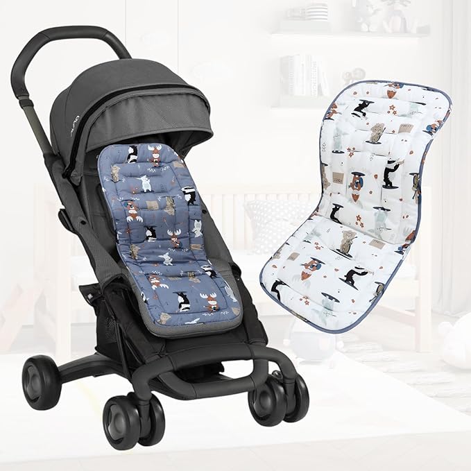 Baby Stroller Cushion,Infant Car Seat Insert-Reversible Universal Breathable and Soft Newborn Stroller Mat,100% Cotton Cover Toddler Seat Pad Liner-34x78cm,1 Pack(Music Animal White+Blue)