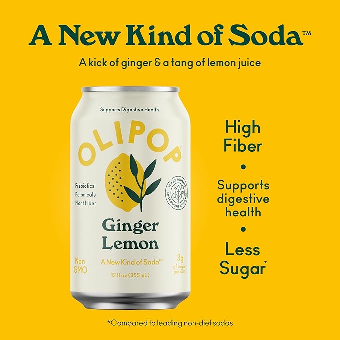 OLIPOP Prebiotic Soda Pop, Ginger Lemon, A New Kind of Soda Packed with Prebiotics, Fiber, and Botanicals, Gluten Free, Vegan, GMO Free, 12oz (12-Cans)