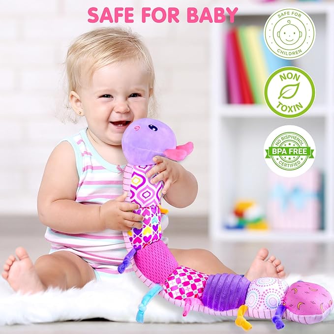 Baby Infant Musical Stuffed Animal Soft Toy with Multi-Sensory Crinkle, Rattle & Textures,Baby Girl Toy Birthday Gift for 0 3 6 9 12 Months+,Caterpillar,Purple