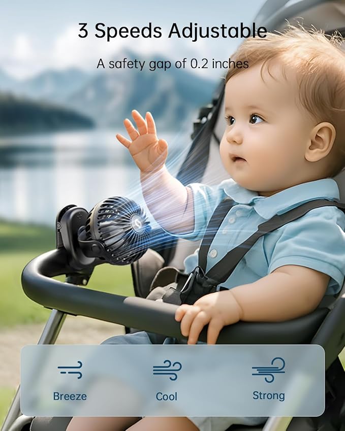 SWEETFULL Stroller Fan with Clip - Portable Mini Clip on Fan, 3 Speeds, 11Hrs Cooling, Cute Small Personal Desk Cooler for Baby Essentials, Bike Accessories, Car Seat, Umbrella, Carrier - Black
