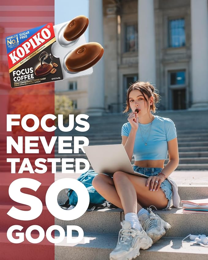 Kopiko Focus Coffee Candy – Have 80mg Caffeine per 2 Pieces for Energy & Mental Focus – Sugar-Free Hard Candy with Real Indonesian Coffee Extract (12 Pack w/4 Candies Each)