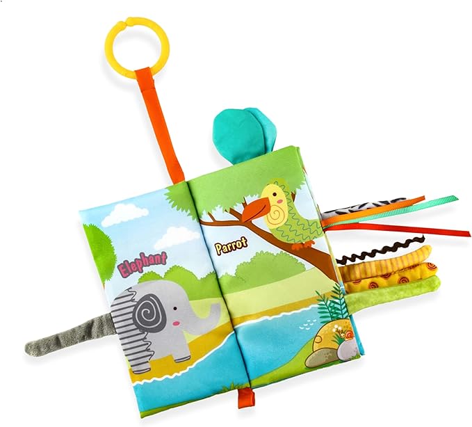 Jungle Tails Baby Activity Book, 3D Touch and Feel Crinkle Cloth Books, Montessori Activity Book for Fine Motor Skills