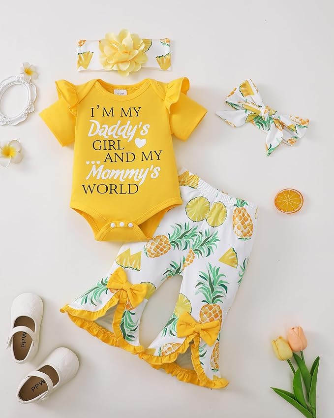 SUNNY PIGGY Newborn Baby Girl Clothes Infant Outfits Romper Floral Fall Outfit Bell Bottoms Pant Sets Hat Headband Flowerpant
