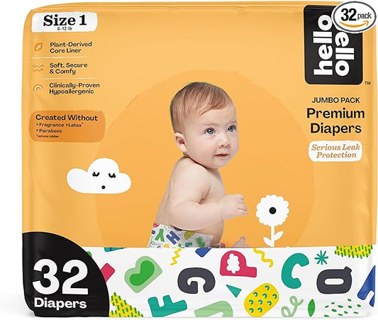 Hello Bello Premium Baby Diapers Size 1, 32 Count of Disposable, Extra-Absorbent, Hypoallergenic Baby Diapers with Snug and Comfort Fit, Alphabet Soup