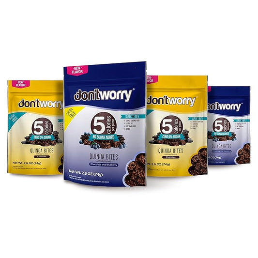 Don't Worry Chocolate and Blue Berry Quinoa Bites 4 Pack- Low Calorie Keto Snacks, Only 4 Calories Healthy Chocolate Granola Bars, Low Carb Quinoa Cookie, Gluten Free High Protein & Fiber Cookies