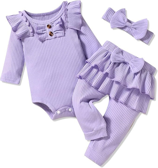 Aalizzwell Preemie Newborn Infant Baby Girls Clothes Ribbed Bodysuit Pants Set Fall Winter Outfits