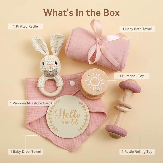 WOODEN TEETHER 6 pcs Baby Gift Set for Newborn Pink Baby Shower Gifts for Girls Baby Girl Gift Basket - Adorable & Safe Newborn Essentials