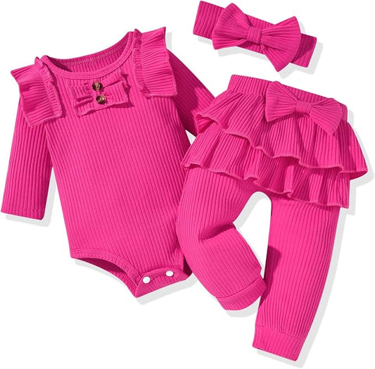 Aalizzwell Preemie Newborn Infant Baby Girls Clothes Ribbed Bodysuit Pants Set Fall Winter Outfits
