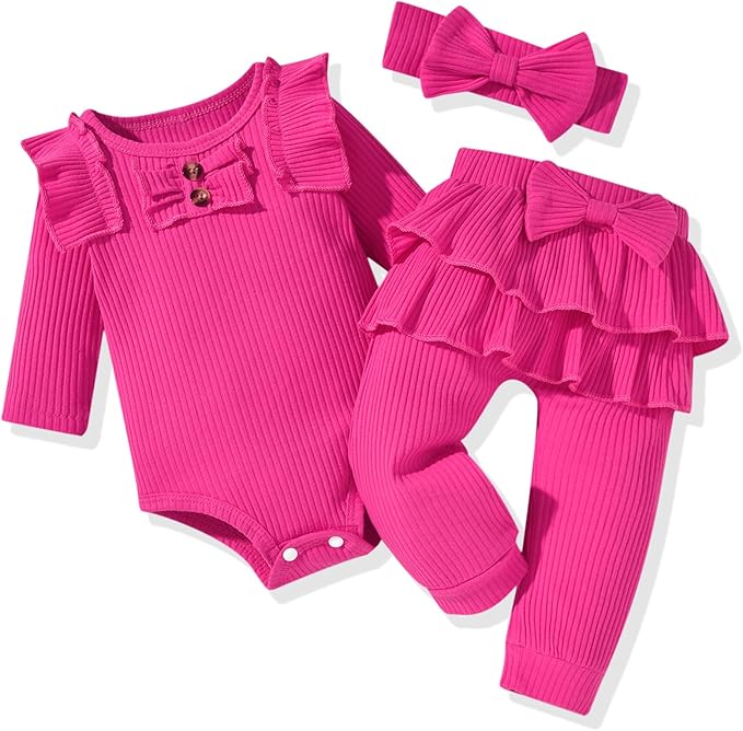 Aalizzwell Preemie Newborn Infant Baby Girls Clothes Ribbed Bodysuit Pants Set Fall Winter Outfits