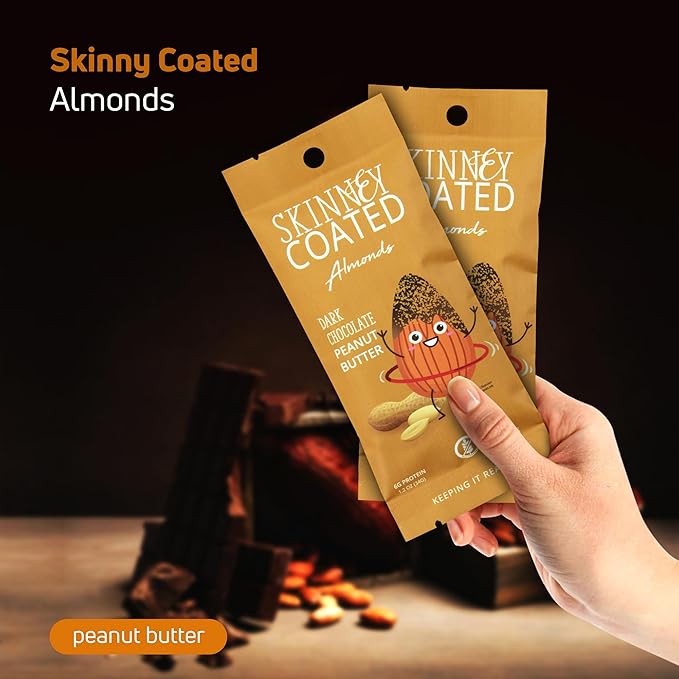 Skinny Coated Dark Chocolate Peanut Butter Snacks, Peanut Butter Covered Almonds Healthy Chocolate Snacks in Bulk - Skinny Almonds, Kosher, Gluten Free Sweet Snacks for Adults, 1.2Oz Bag, 6 Pack