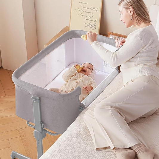 Larex Baby Bassinet, 3 in 1 Bassinets Bedside Sleeper for Newborn, Portable Crib Adjustable 7 Height Bedside Bassinet with Mattress and Wheels Light Grey