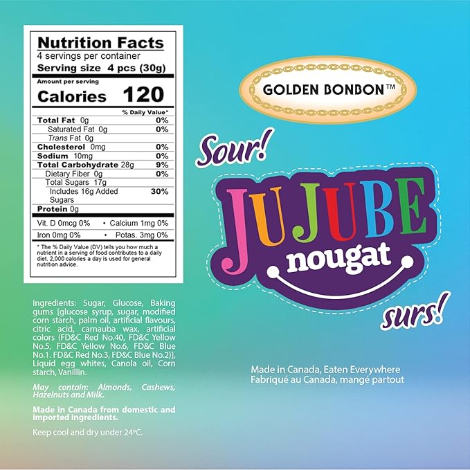 Golden Bonbon Italian Sour Jujube Nougat Candy, Soft and Chewy With Fruity Jelly Beans Original Recipe (25.2 Oz - 18 Bars, Sour)