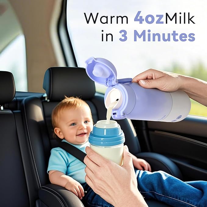 Portable Bottle Warmer for Travel, Dual Heating Modes Baby Milk Warmer On The Go for Breastmilk, Water and Formula, Precise Temperature Control with 5 Levels, Long-Lasting Battery (Purple)