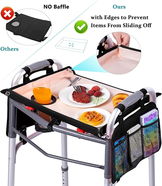 BAGSFY Walker Tray with Cup Holder & 2 Side Pockets, Folding Walker Table for Seniors | Sturdy, Easy-Clean Tray with PEVA Surface | Universal Fit for Standard Walkers, Walker Accessory for Elderly