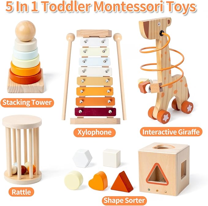 Montessori Toys for 1-3 Year Old, Baby Toys 12-18 Months, Wooden Stacking Rings Toy for Toddlers, Shape Sorting Cube, Xylophone, Preschool Sensory Developmental Educational Toy for Babies