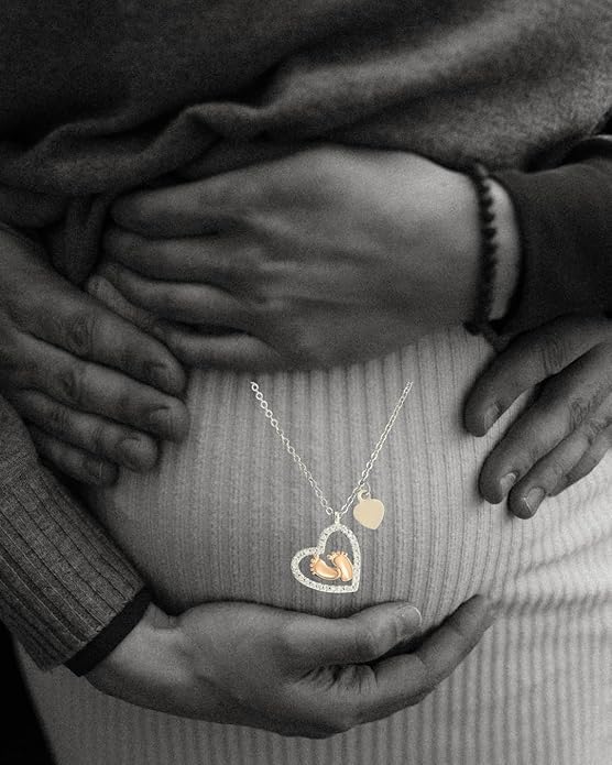 Pregnancy Necklace Gift for Mom to Be, First time Mom, Maternity Keepsake, Pregnant Wife, Baby Shower Keepsake for Expecting Mother, Baby Feet Heart Pendant with Message Card