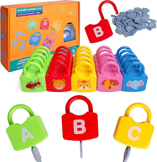 Color Alphabet Learning Lock Toys Educational Letter Combination-with 26 Locks, 26 Keys Montessori Preschool Alphabet Learning Game for Ages 3 yrs+
