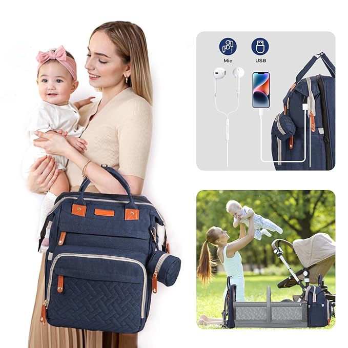 JOYCE Baby Diaper Bag Backpack, with Diaper Changing Station, Multi-functional Travel Diaper Waterproof Backpack, for Baby Boys and Girls, with Foldable Portable Pad and Sunshade (Large Blue)