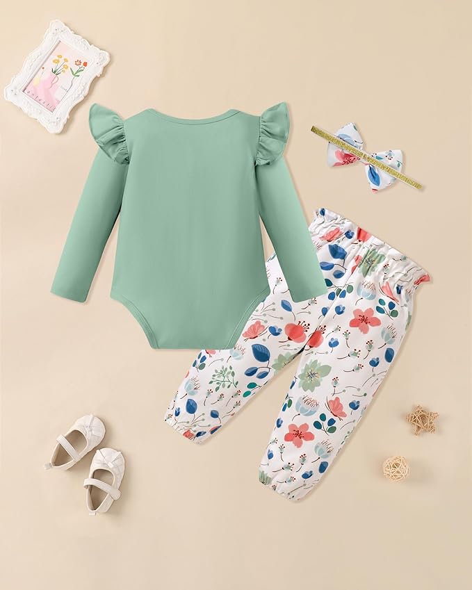 Baby Girl Clothes Newborn Infant Cotton Ruffle Romper+ Floral Pants + Headband Sets Fall Winter Outfits