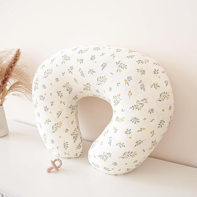 Konssy Muslin Nursing Pillow Covers, Soft and Cute Nursing Covers for Breastfeeding Pillows, Ideal for Newborn Baby Boys and Girls (Green, Leafy) - 2 Pack