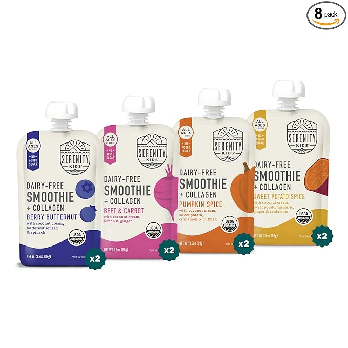 Serenity Kids 6+ Months Dairy-Free Smoothie Baby Food Pouches - BPA-Free, USDA Organic & Grass-Fed Collagen Protein - Lactose-Free Smoothie Pouches - 3.5 Oz, 8 Pack