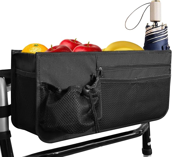 Basket for Walkers for Seniors Detachable, Walker Storage Bags and Pouches Accessories for Rolling Folding Walker to Carry Things, Rollator Walker Foldable Basket with Cup Holder, Gifts for Seniors