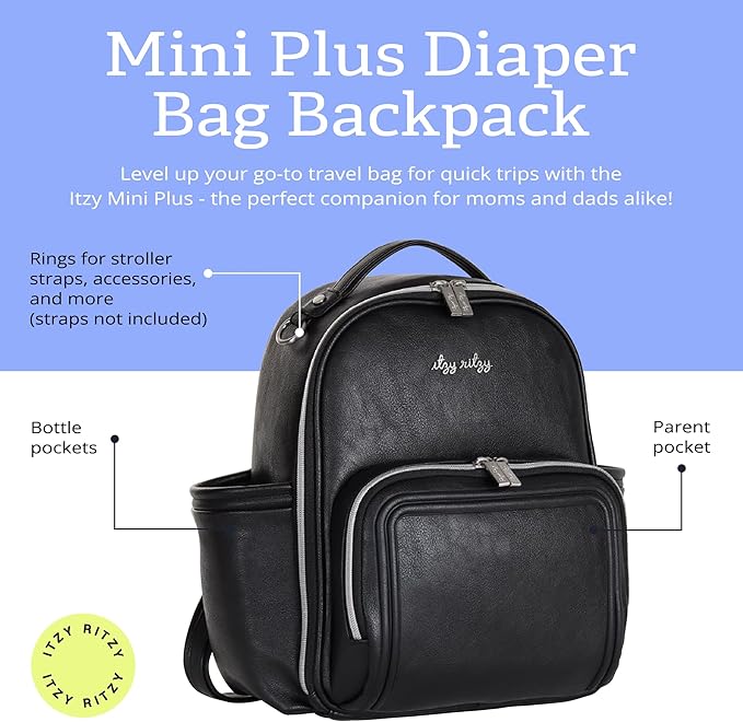 Itzy Ritzy Unisex Baby Mini Diaper Bag, Black with Silver Hardware-Plus