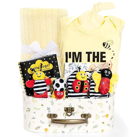 Baby Gift Set for Newborn, Bee Baby Shower Gifts Basket, High Contrast Baby Book Toys 0-6 Months Infant Rattle Socks Blanket Hat Onesie Baby Gifts Essentials for Girls Boys