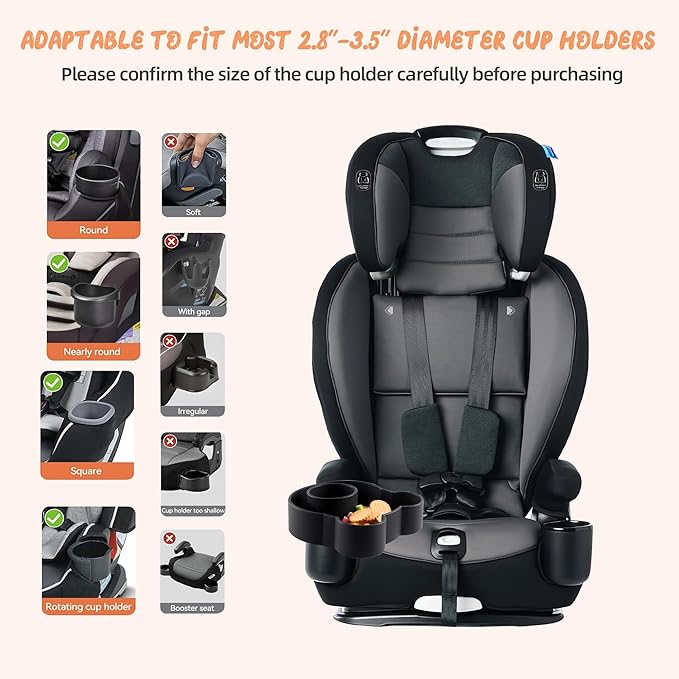 LEORAY Car Seat Snack Tray Silicone with Deeper Cup Holder, Food Tray for Kids Toddler Travel with 2 Different Size Adapters, Fits Most Car Seat and Other Seats with Cup Holders (Black)