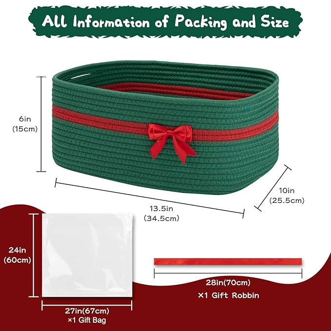 OIAHOMY Christmas Basket with Gift Bags and Ribbons, Woven Storage Basket for Decorations, Nursery, Pets - Green