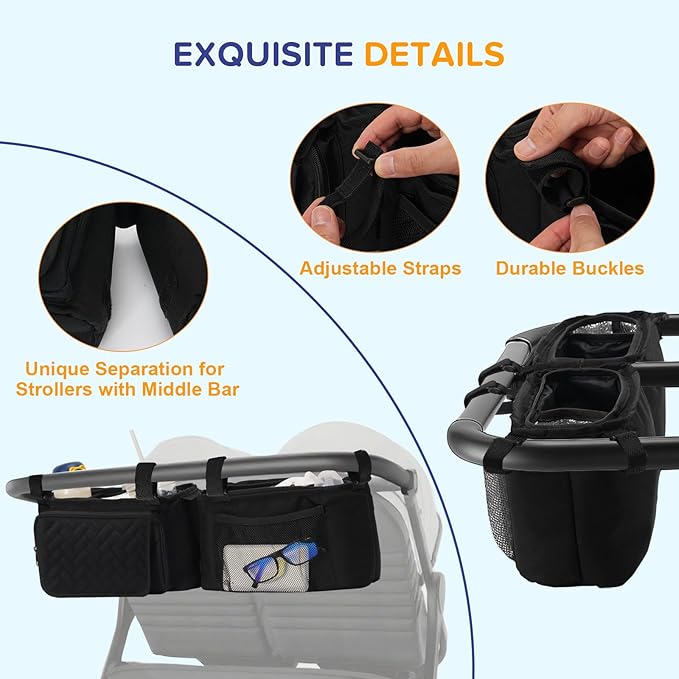 Double Stroller Caddy Organizer with 2 Insulated Cup Holder, Parent Console Fits for BOB Duallie, Jeep, Baby Jogger City Mini GT2 and UPPAbaby, Double Jogging Stroller Accessories
