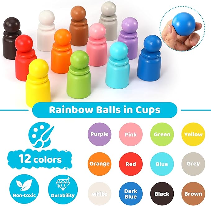 Ball in Cup Montessori Wooden Rainbow Color Sorting Toy for Toddlers - Preschool Color Matching - 12 Balls 40mm