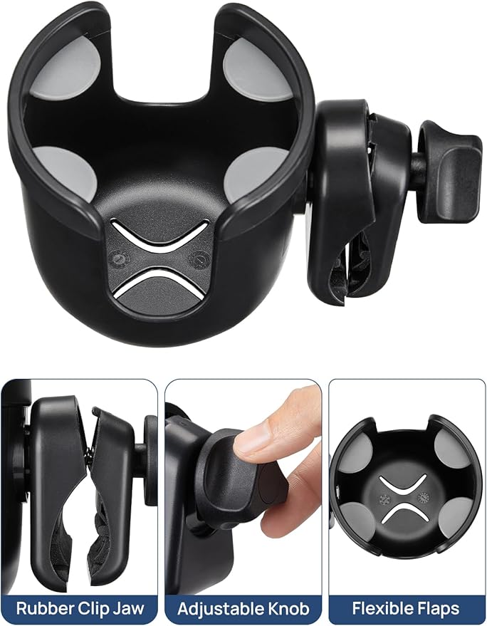 JOYTUTUS Wheelchair Cup Holder, 2 Pack Rollator Cup Holder, 4 Flexible Tabs with Hook Drink Holder for Walker, Scooter, Stroller, Mobility