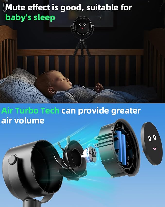 Stroller Fan Portable, Personal Fan for Travel, Air Turbo Tech & Digital display, Detachable 5 Speeds Rechargeable 360° Rotate Flexible Tripod Fan, For Home Office Stroller Camping - Black