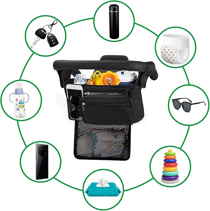 HOINCO Universal Baby Stroller Organizer，with Heightened Insulated Cup Holder,Detachable Phone Bag,Shoulder Strap and Mesh Bag，Fits Most Strollers.