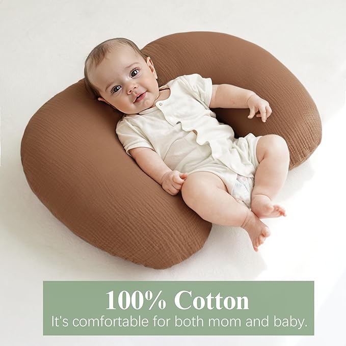 Muslin Nursing Pillow Covers, 2 Pack, Soft & Adorable Slipcovers with Zipper Closure, 100% Cotton Covers for Breastfeeding Pillows (Khiki, Rainbow)