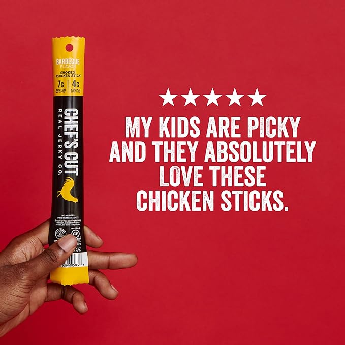Chef's Cut Smoked Chicken Jerky Meat Sticks, Barbecue Flavor (1 Ounce Stick, Pack of 12) - High Protein, 8g Protein per Serving, 70 Calories, Gluten-Free, Keto Friendly Snack, Low Carb Snack, Individually Wrapped