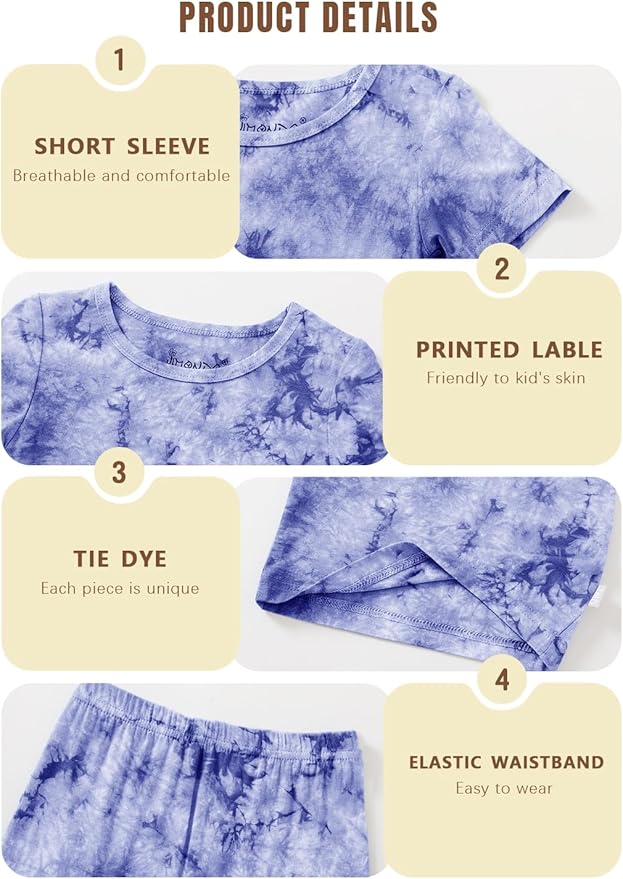 Jimonda Baby/Toddler Soft Sleepwear Short sleeve Kids Cool Pajama Outdoor 2-Piece Shirt&Shorts Casual sets Tie Dye PJ