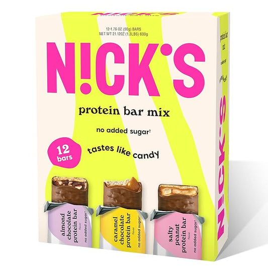 Nick's Protein Bars Chocolate Variety Pack High Protein, Low Calories, Low Carb Keto Friendly Snacks No Added Sugar, Salty Peanut, Chocolate Caramel and Almond Chocolate (12 Pack)