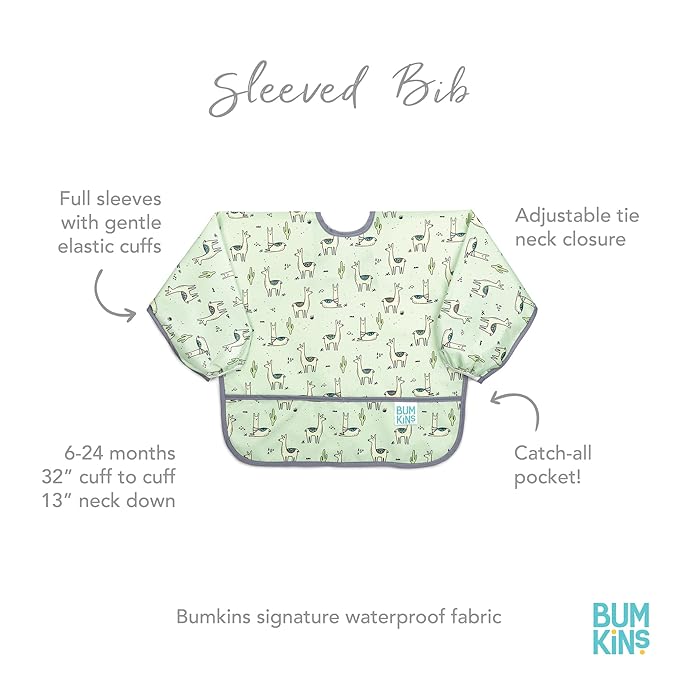 Bumkins - Sleeved Bib - For Boys & Girls, Babies & Toddlers 6-24 Months - Lightweight, Durable, Waterproof - Long Sleeve Bib - Catch-All Pocket - Wipeable & Machine Washable - Cactus & Llama - 2 Pack