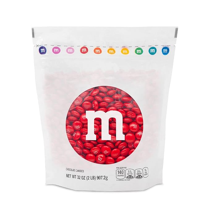 M&M’S WORLD Red Milk Chocolate Candy, 2lbs of M&M'S in Resealable Pack for Candy Bars, Birthday Parties, Christmas Chocolate, Valentine's Day, 4th of July, Dessert Tables & DIY Party Favors