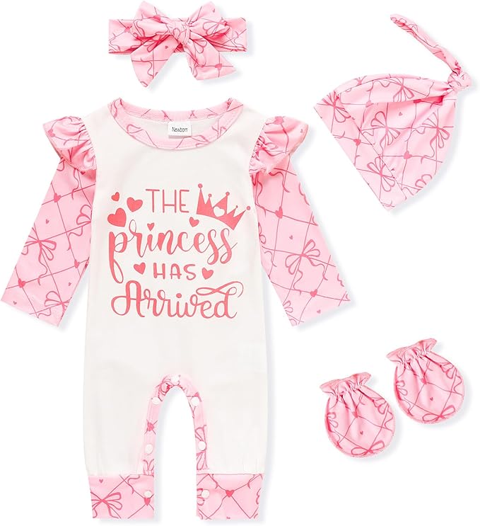 GRNSHTS Newborn Baby Girl Romper Infant Letter Print Jumpsuit Floral Bodysuit+Hat+Headband+Gloves Coming Home Clothes Outfits