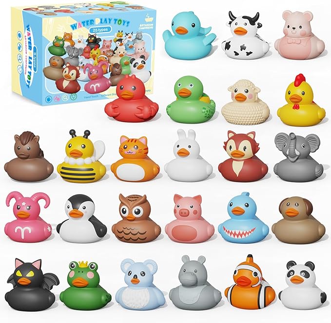 25PCS Rubber Ducks,Toddler Bath Toys,No Hole Bathtub Toys,Baby Pool Toys for 18 Months and Older