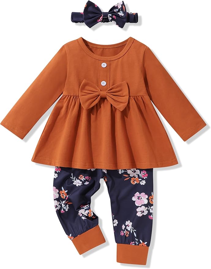 oklady Toddler Baby Girl Clothes Solid Color Ruffle Tops Floral Pants with Headband Fall Winter Cute Girl Outfits