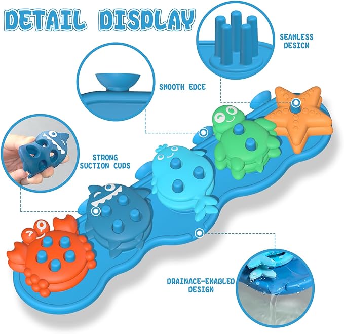 Suction Baby Bath Toys, Mold Free Silcone Shape Sorting & Stacking Bathub Toy, Sensory Toys & Best Gift for Toddlers 3 4 5 Early Learning Bathtub Fun (Ocean Animal)