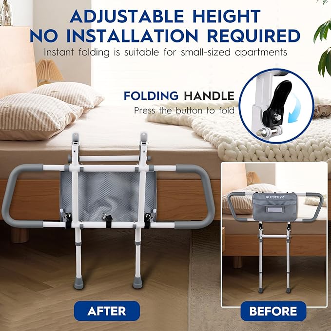 Bed Rails for Elderly Adults Safety – Foldable & Adjustable Bed Assist Rail with Motion Sensor Light & Storage Pouch, Non-Slip Handle, Tool-Free Assembly, Fits King, Queen, Full, Twin Beds