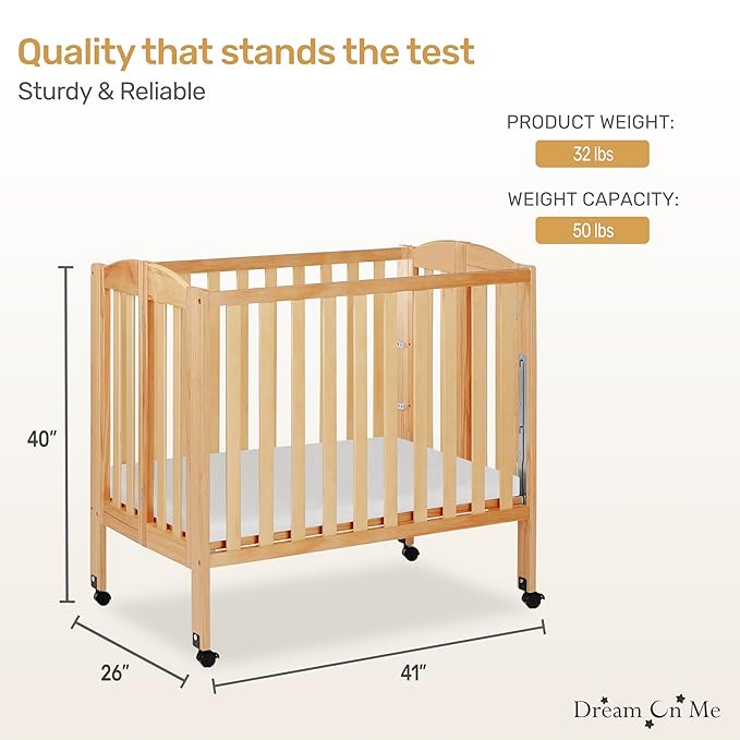 Dream On Me 3 in 1 Portable Folding Stationary Side Crib in Natural, Greenguard Gold Certified, Safety Wheel with Locking Casters, Convertible, 3 Mattress Heights