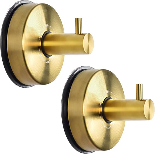 JOMOLA Suction Cup Shower Hooks for Hanging Towel Suction Hook for Inside Shower Stainless Steel Coat Hooks Wall Mounted Kitchen Utensil Stainless Steel, Brushed Gold, 2PCS