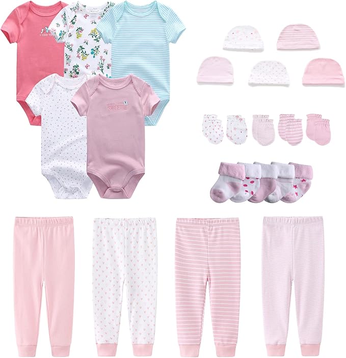 Newborn Layette Gift Set Bodysuits Pants for Baby Girl and Boy 24 Piece 100% Cotton Essentials and Accessories